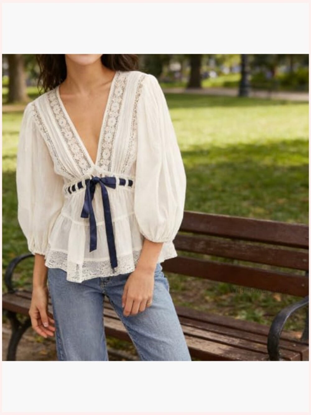 Sheer Lace Trim Puff Sleeve Blouse Tie Front Flowy Peplum Tunic - Picture 6 of 7